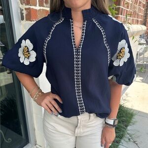 THML Navy Blouse with Floral Embroidery